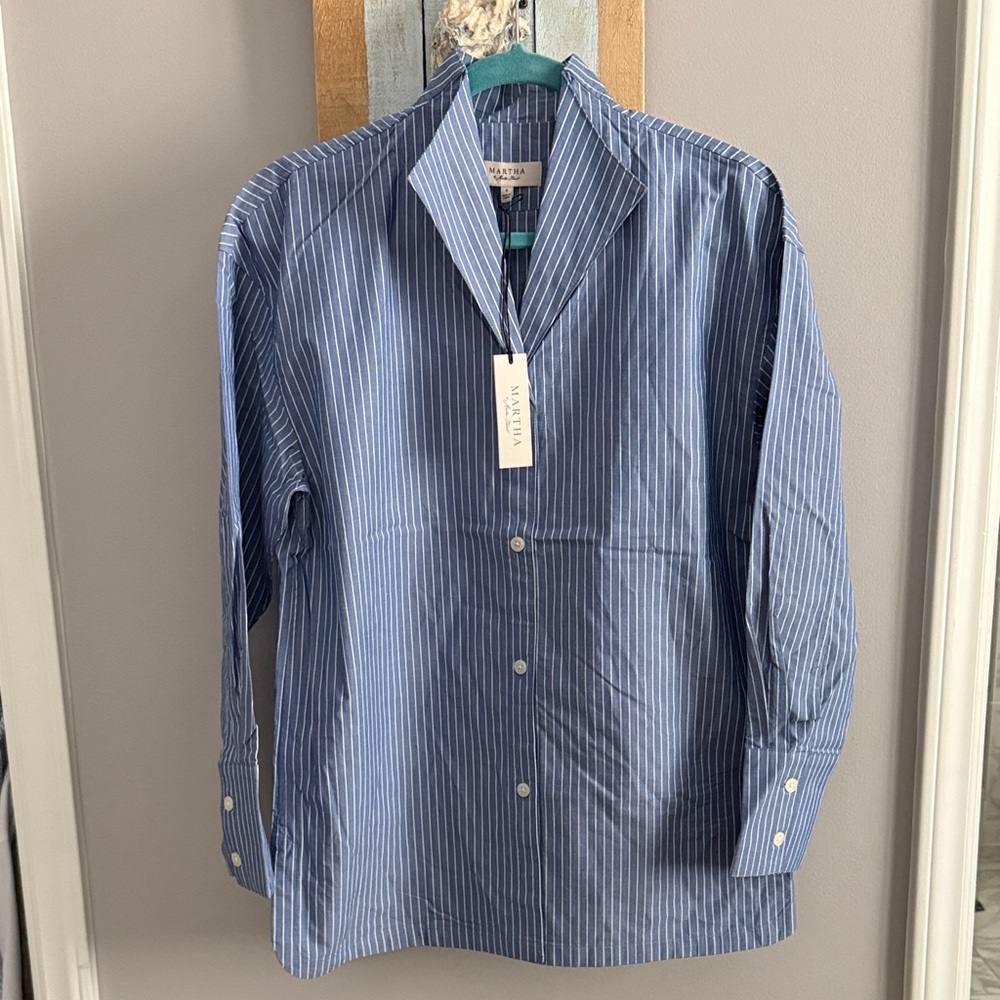 Martha V-Neck Blue Striped Button-Up Shirt